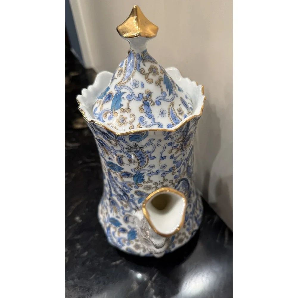 Vintage Blue Paisley By Lefton Cups And Saucers & Teapot For Four